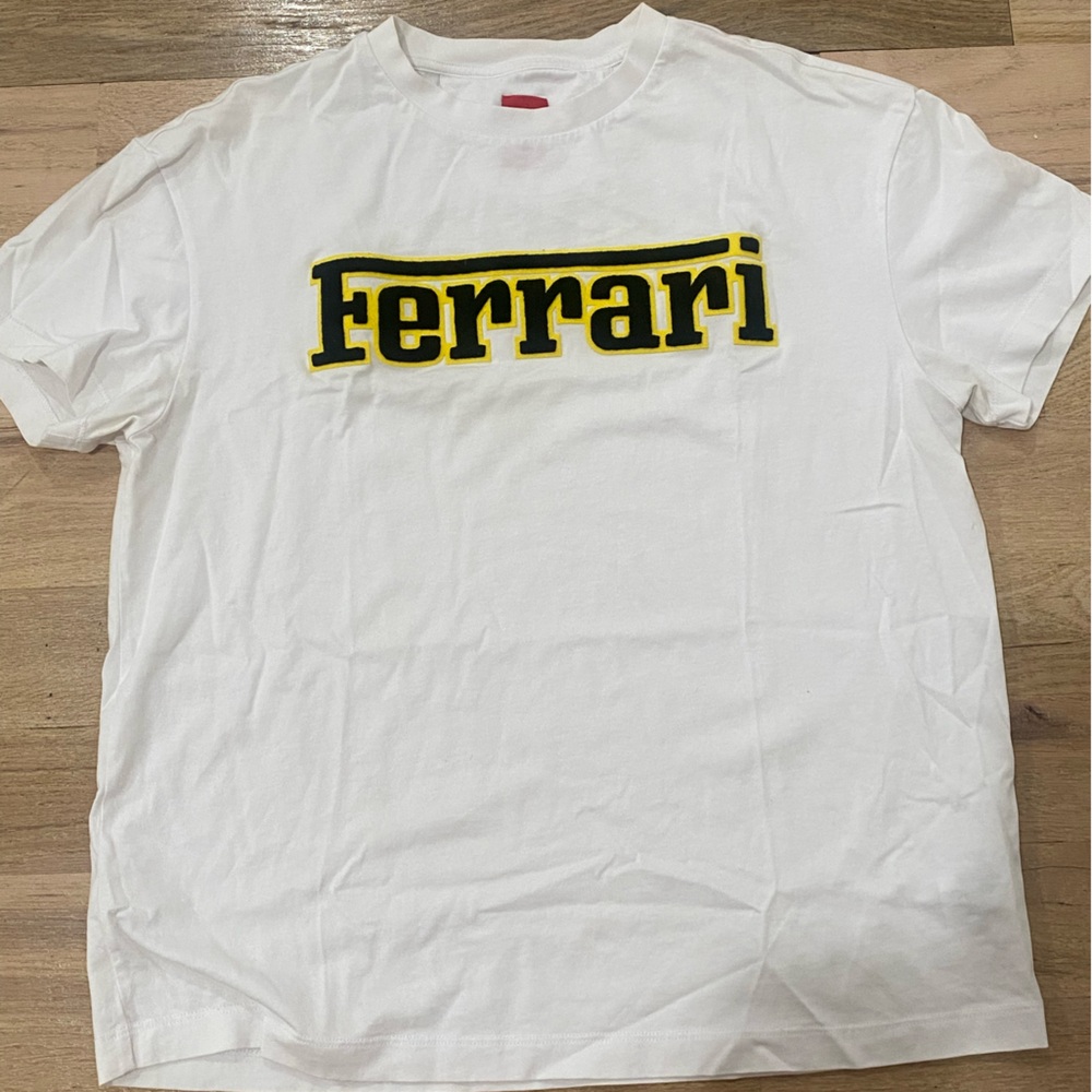 Ferrari Men's White Tee with Yellow Logo